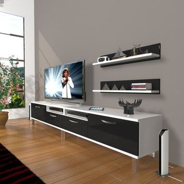 Decoraktiv Eko 220R MDF Krom Ayaklı Beyaz Siyah Tv Ünitesi