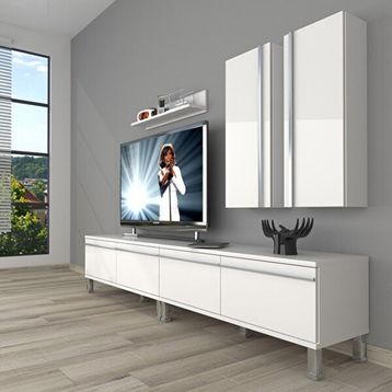 Decoraktiv Eko 5200T Mdf Krom Ayaklı Parlak Beyaz Tv Sehpa Ünitesi