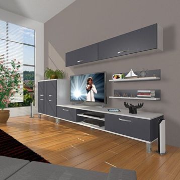 Decoraktiv Eko 6Y Mdf Dvd Krom Ayaklı Beyaz Antrasit Tv Sehpa Ünitesi