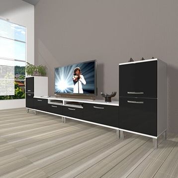 Decoraktiv Eko 9220 MDF Krom Ayaklı Beyaz Siyah TV Sehpa Ünitesi