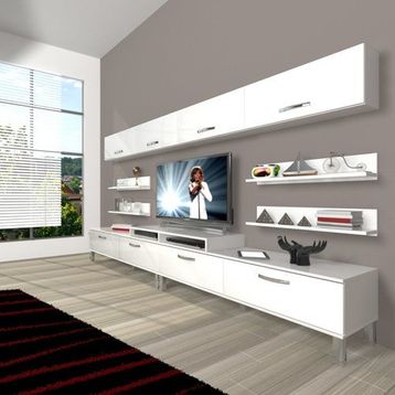 Decoraktiv Ekoflex 360Y Slm Krom Ayaklı Parlak Beyaz Tv Sehpa Ünitesi