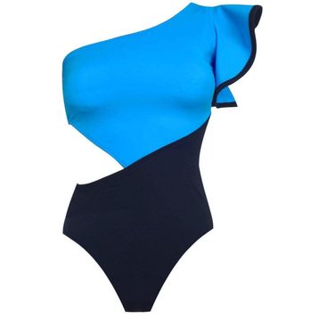 Deep Beach DB200743M Kolu Volan Detaylı Asimetrik Mavi Mayo
