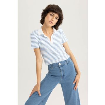 DeFacto A0380AX23SM Beyaz-WT32 Fitted Polo Yaka Çizgili Kısa Kollu Kadın T-shirt