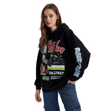 DeFacto A1096AX23SP Siyah Cool Oversize Fit Kapüşonlu Baskılı Kadın Sweatshirt