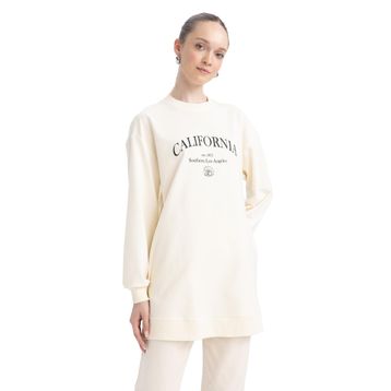 DeFacto A9534AX23AU Bej Regular Fit Bisiklet Yaka Baskılı Sweatshirt Kadın Tunik