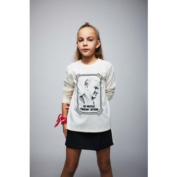 DeFacto B2427A823WN Ekru-ER99 29 Ekim Cumhuriyet Bayramı Atatürk Baskılı Bisiklet Yaka Penye Uzun Kollu Kız Çocuk T-shirt