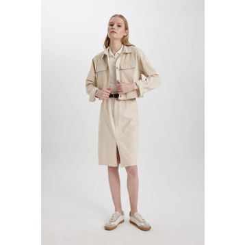DeFacto C2588AX24SP BG286 Kalem Normal Bel Yırtmaçlı Gabardin Midi Etek