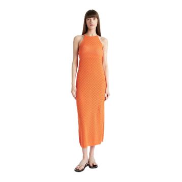 DeFacto D2820AX24HS Turuncu-OG257 Kadın Regular Fit Halter Yaka Triko Midi Elbise