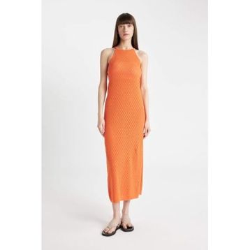 DeFacto D2820AX24HS Turuncu-OG257 Kadın Regular Fit Halter Yaka Triko Midi Elbise