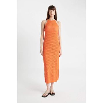 DeFacto D2820AX24HS Turuncu-OG257 Kadın Regular Fit Halter Yaka Triko Midi Elbise