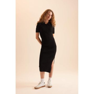 DeFacto D4914AXNS Siyah-BK27 Fitted Polo Yaka Kısa Kollu Yırtmaçlı Midi Triko Elbise