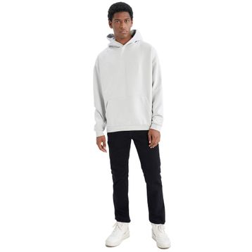 DeFacto Erkek Oversize Fit Kapüşonlu Kanguru Cepli İçi Yumuşak Tüylü Sweatshirt, Açık Gri, XS Sweatshirt