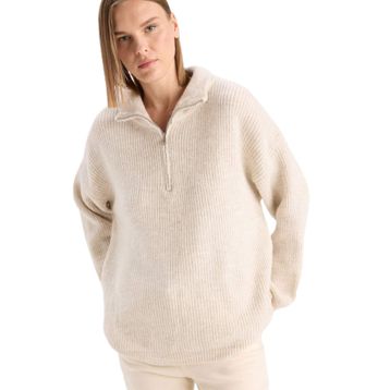Defacto F3897AX25WN BG705 Bej Relax Fit Yarım Fermuarlı Triko Kadın Kazak