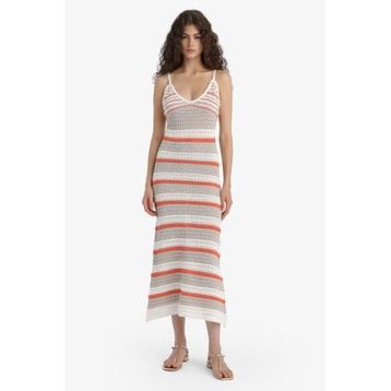 DeFacto F7087AX25SM Slim Fit Dar Kesim Desenli V Yaka Kroşe Kolsuz Triko Maxi Elbise