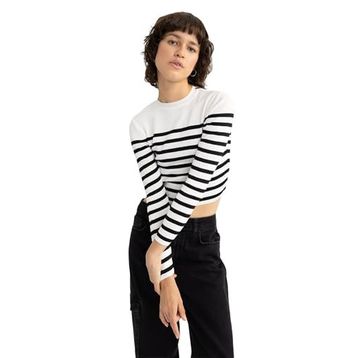 DeFacto Kadın Slim Fit Çizgili Bisiklet Yaka Kazak, Ekru, M Kazak