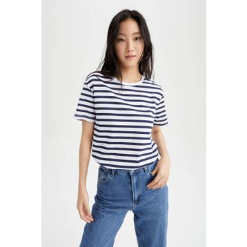 DeFacto U1778AZ23SM Lacivert-NV31 Regular Fit Bisiklet Yaka Çizgili Kısa Kollu %100 Pamuk Kadın T-shirt