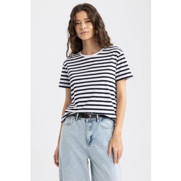 DeFacto U1778AZ23SM Lacivert-NV31 Regular Fit Bisiklet Yaka Çizgili Kısa Kollu %100 Pamuk Kadın T-shirt