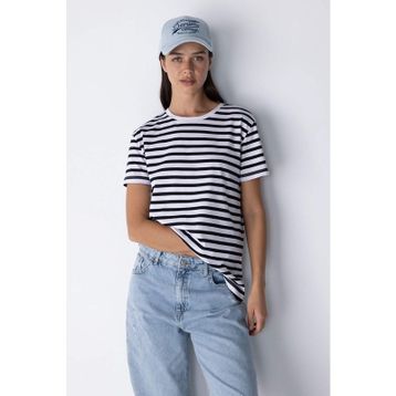 DeFacto U1778AZ23SM Lacivert-NV31 Regular Fit Bisiklet Yaka Çizgili Kısa Kollu %100 Pamuk Kadın T-shirt