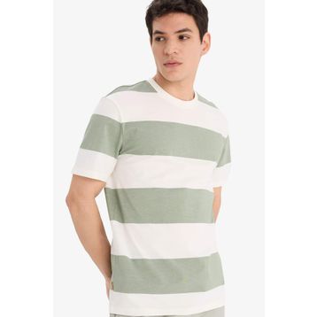 DeFacto U1778AZ23SM Lacivert-NV31 Regular Fit Bisiklet Yaka Çizgili Kısa Kollu %100 Pamuk Kadın T-shirt