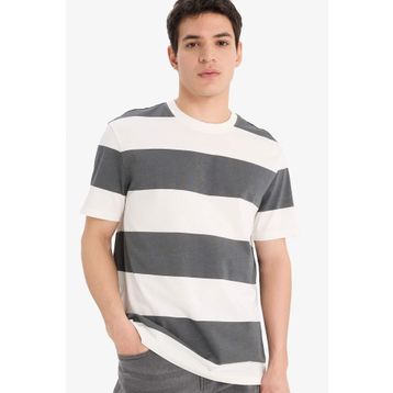 DeFacto U1778AZ23SM Lacivert-NV31 Regular Fit Bisiklet Yaka Çizgili Kısa Kollu %100 Pamuk Kadın T-shirt