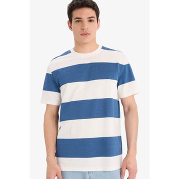 DeFacto U1778AZ23SM Lacivert-NV31 Regular Fit Bisiklet Yaka Çizgili Kısa Kollu %100 Pamuk Kadın T-shirt