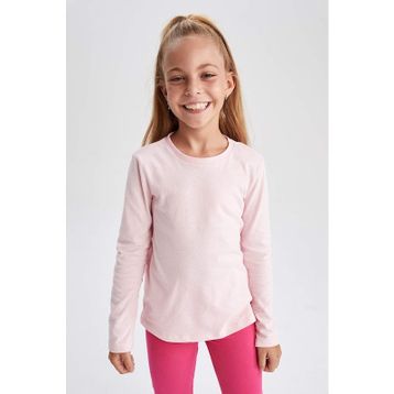 DeFacto U6810A622AU Pembe-PN105 Regular Fit Bisiklet Yaka Penye Uzun Kollu Kız Çocuk Tişört