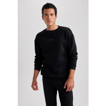 DeFacto X8282AZ23AU BK81 Siyah Boxy Fit Bisiklet Yaka Baskılı Erkek Sweatshirt