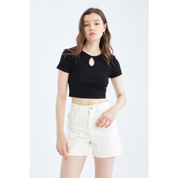 DeFacto Y1221AZ22SM Kadın Coool Bisiklet Yaka Önü Dekolteli Basic Kısa Kollu Crop Top