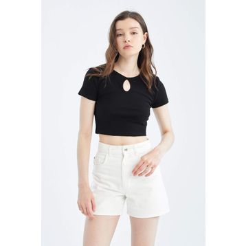 DeFacto Y1221AZ22SM Kadın Coool Bisiklet Yaka Önü Dekolteli Basic Kısa Kollu Crop Top