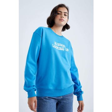DeFacto Y1250AZ22WN Regular Fit Bisiklet Yaka İnce Kumaş Mavi Kadın Sweatshirt