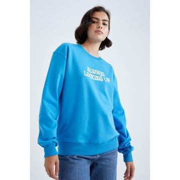DeFacto Y1250AZ22WN Regular Fit Bisiklet Yaka İnce Kumaş Mavi Kadın Sweatshirt
