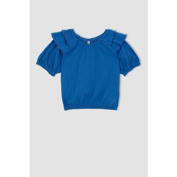DeFacto Y6621A622HS Mavi-BE758 Regular Fit Krinkıl Kumaş Kısa Kollu Kız Çocuk Tişört