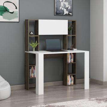 DEKOROSSO Beyaz Ceviz Vital Raflı Dolaplı Çalışma Masası