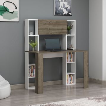 DEKOROSSO Beyaz Ceviz Vital Raflı Dolaplı Çalışma Masası