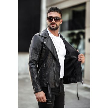 Delpino 02163 Siyah Çapraz Fermuar Erkek Deri Ceket