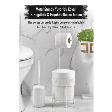 Depa Metal Standlı Yuvarlak Kovalı Kağıtlıklı Fırçalıklı Beyaz Banyo Takımı
