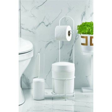 Depa Metal Standlı Yuvarlak Kovalı Kağıtlıklı Fırçalıklı Beyaz Banyo Takımı