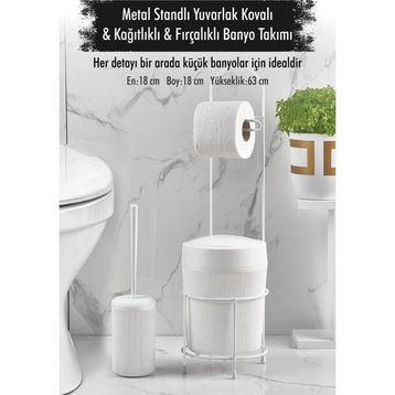Depa Metal Standlı Yuvarlak Kovalı Kağıtlıklı Fırçalıklı Beyaz Banyo Takımı