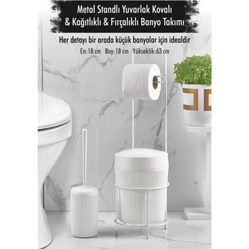 Depa Metal Standlı Yuvarlak Kovalı Kağıtlıklı Fırçalıklı Beyaz Banyo Takımı