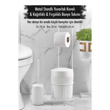 Depa Metal Standlı Yuvarlak Kovalı Kağıtlıklı Fırçalıklı Beyaz Banyo Takımı