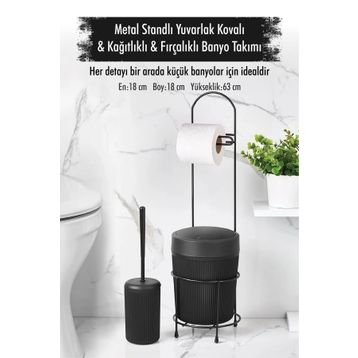 Depa Metal Standlı Yuvarlak Kovalı Kağıtlıklı Fırçalıklı Siyah Banyo Takımı