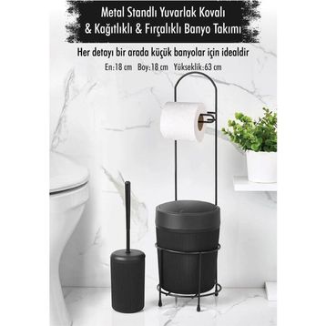 Depa Metal Standlı Yuvarlak Kovalı Kağıtlıklı Fırçalıklı Siyah Banyo Takımı