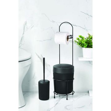 Depa Metal Standlı Yuvarlak Kovalı Kağıtlıklı Fırçalıklı Siyah Banyo Takımı