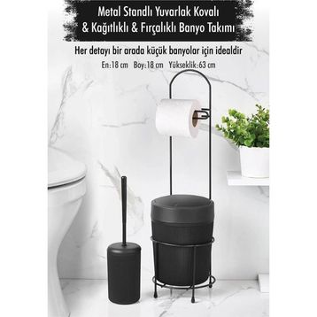 Depa Metal Standlı Yuvarlak Kovalı Kağıtlıklı Fırçalıklı Siyah Banyo Takımı