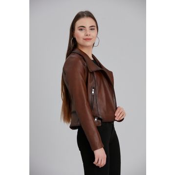 Deri Effect 859632 Kadın Kahverengi Dik Yaka Spor Fonksiyonel Hakiki Deri Ceket