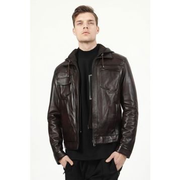 Dericlub 1037/K Bordo Kestane Kapüşonlu Deri Erkek Mont