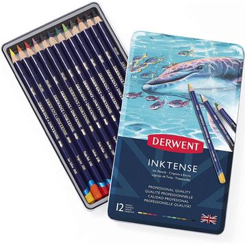 Derwent 12 Renk Metal Kutulu Inktense Serisi Mürekkep Bazlı Sulu ve Kuru boya Kalem Seti