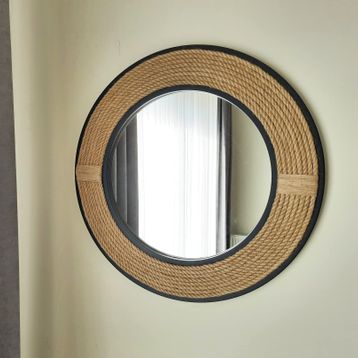 Dfn Wood 77 cm Siyah Çerçeveli Jut Halatlı Yuvarlak Dekoratif Duvar Salon Banyo Aynası