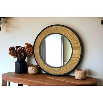 Dfn Wood 87 cm Siyah Çerçeveli Jut Halatlı Yuvarlak Dekoratif Duvar Salon Banyo Aynası