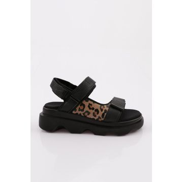 DGN 3527 Siyah Leopar Desenli Kalın Taban Kadın Sandalet
